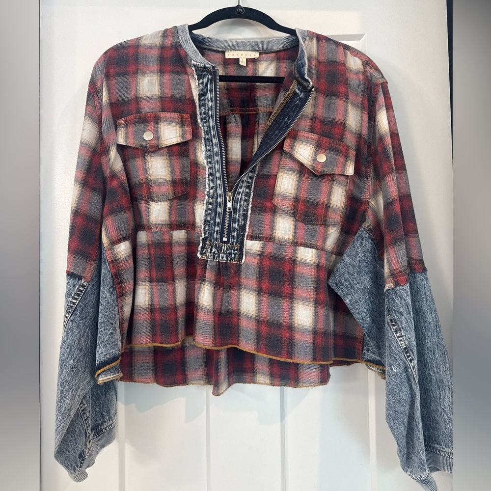 Vici red plaid/denim half zip